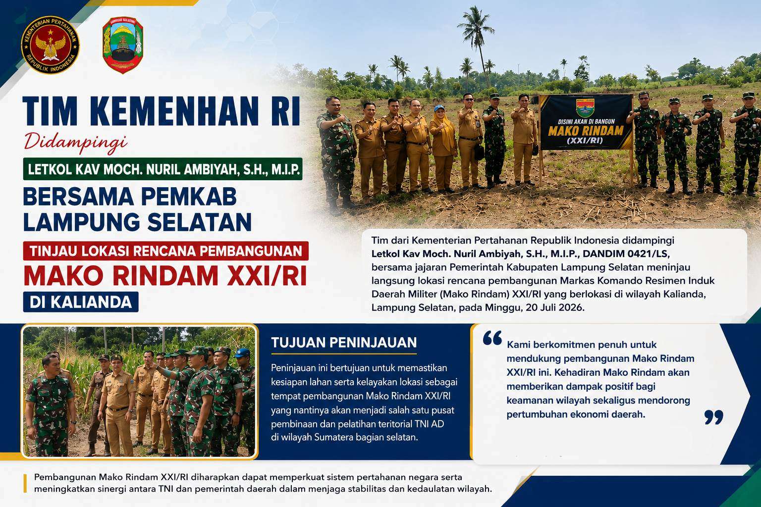 Tim Kemenhan RI Bersama Pemkab Lampung Selatan Tinjau Lokasi Rencana Pembangunan Mako Rindam XXI/RI di Kalianda