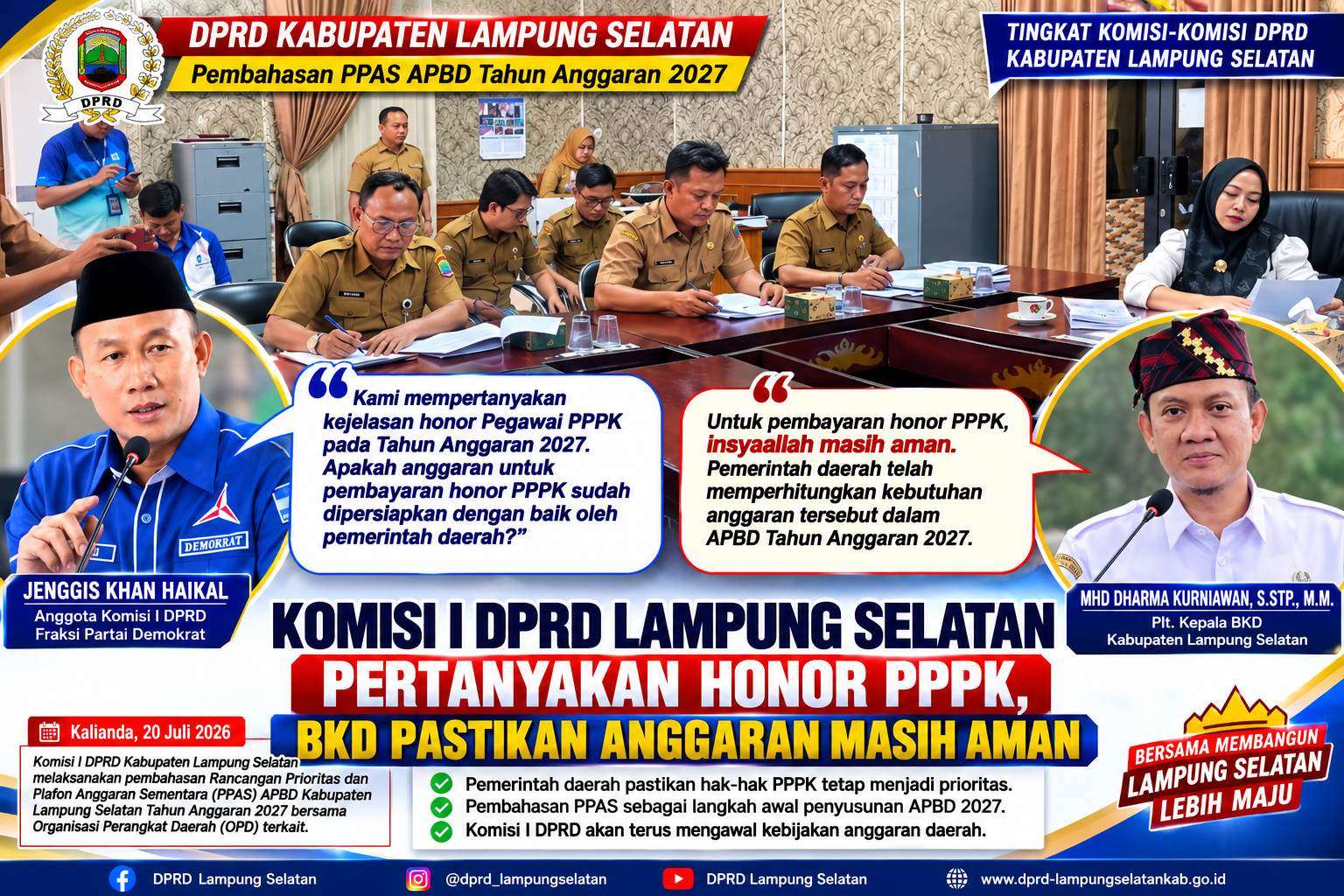 Komisi I DPRD Lampung Selatan Pertanyakan Honor PPPK, BKD Pastikan Anggaran Masih Aman