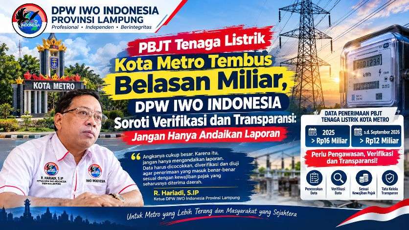 PBJT Tenaga Listrik Kota Metro Tembus Belasan Miliar, DPW IWO Indonesia Soroti Verifikasi dan Transparansi: Jangan Hanya Andalkan Laporan